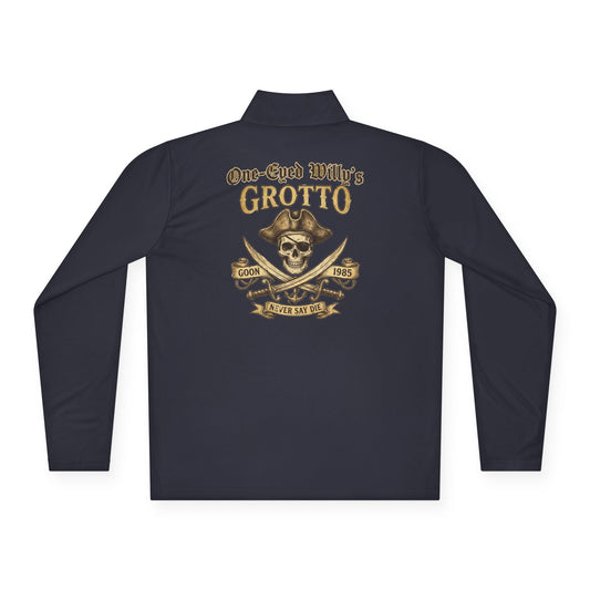 Quarter-Zip Pullover — "One-Eyed Willy's Grotto" Pirate Skull Fishing Pullover