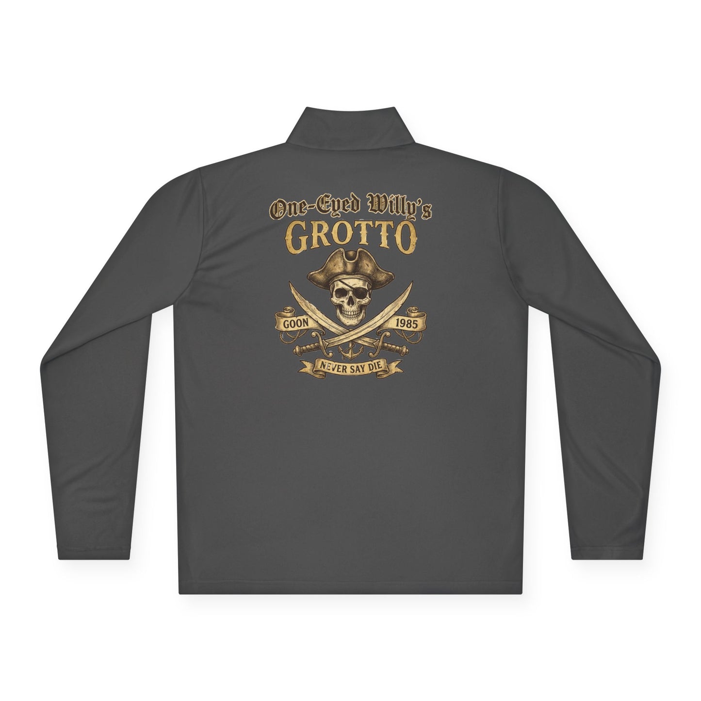 Quarter-Zip Pullover — "One-Eyed Willy's Grotto" Pirate Skull Fishing Pullover