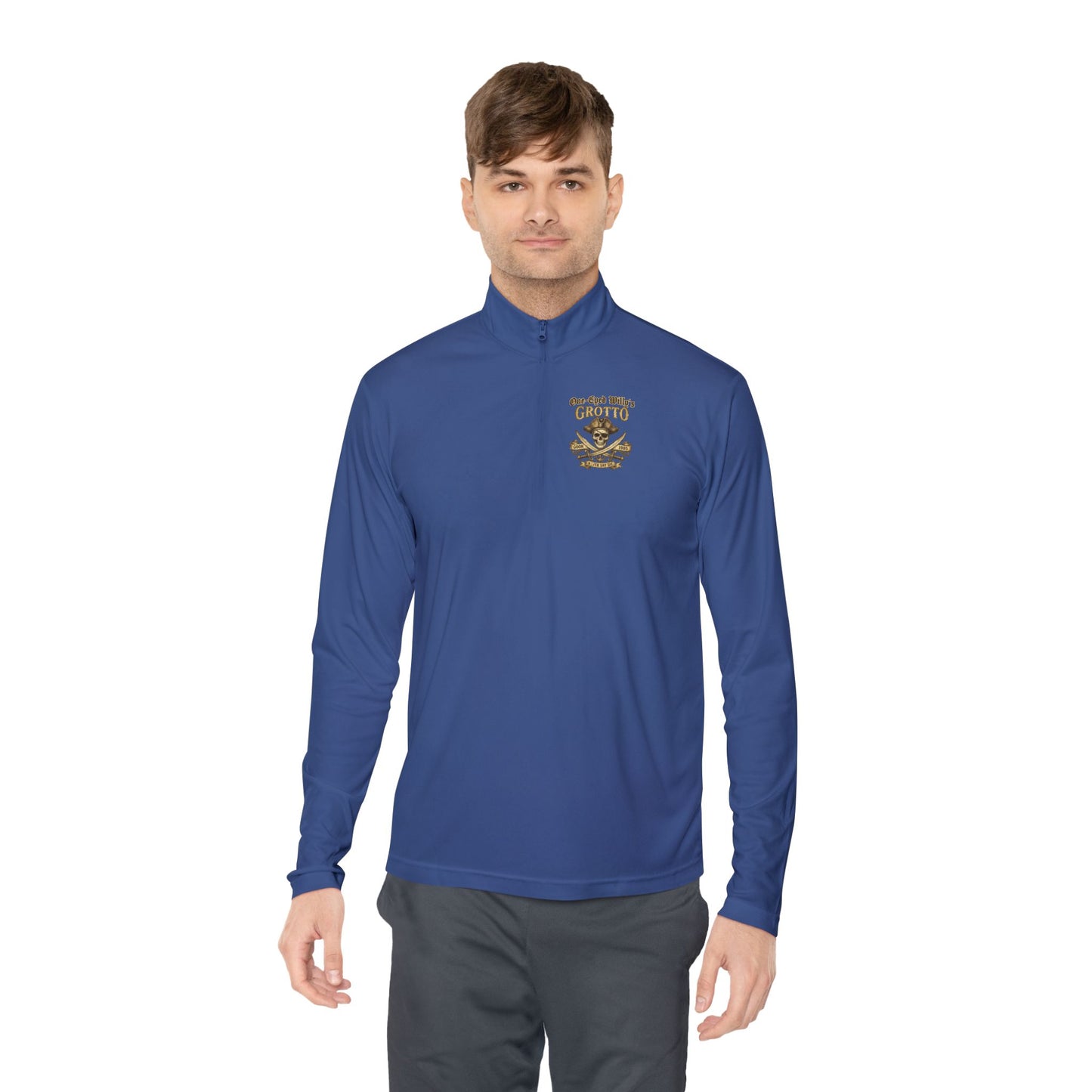Quarter-Zip Pullover — "One-Eyed Willy's Grotto" Pirate Skull Fishing Pullover